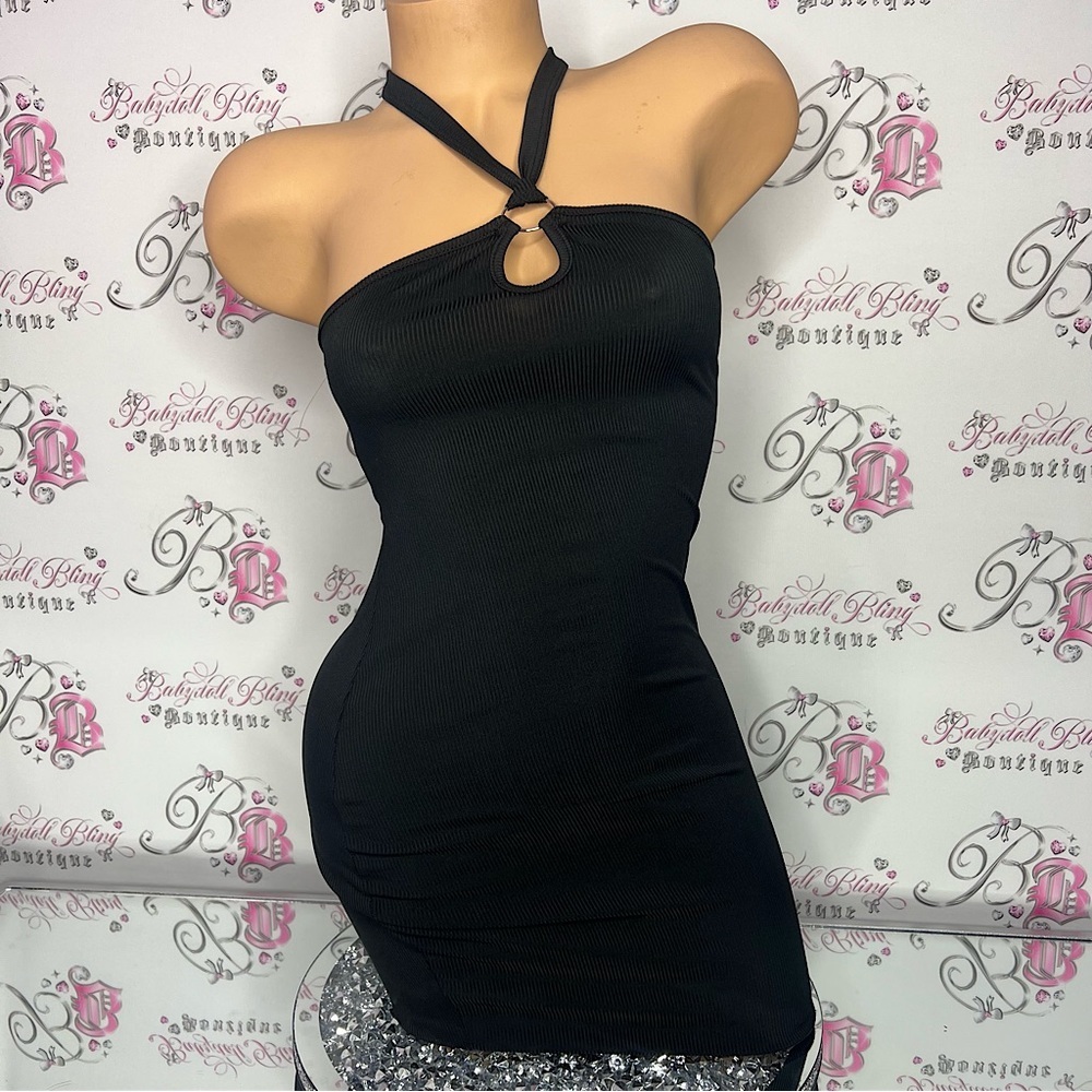 Shein black dress mini ribbed halter o ring sexy little black dress stretchy